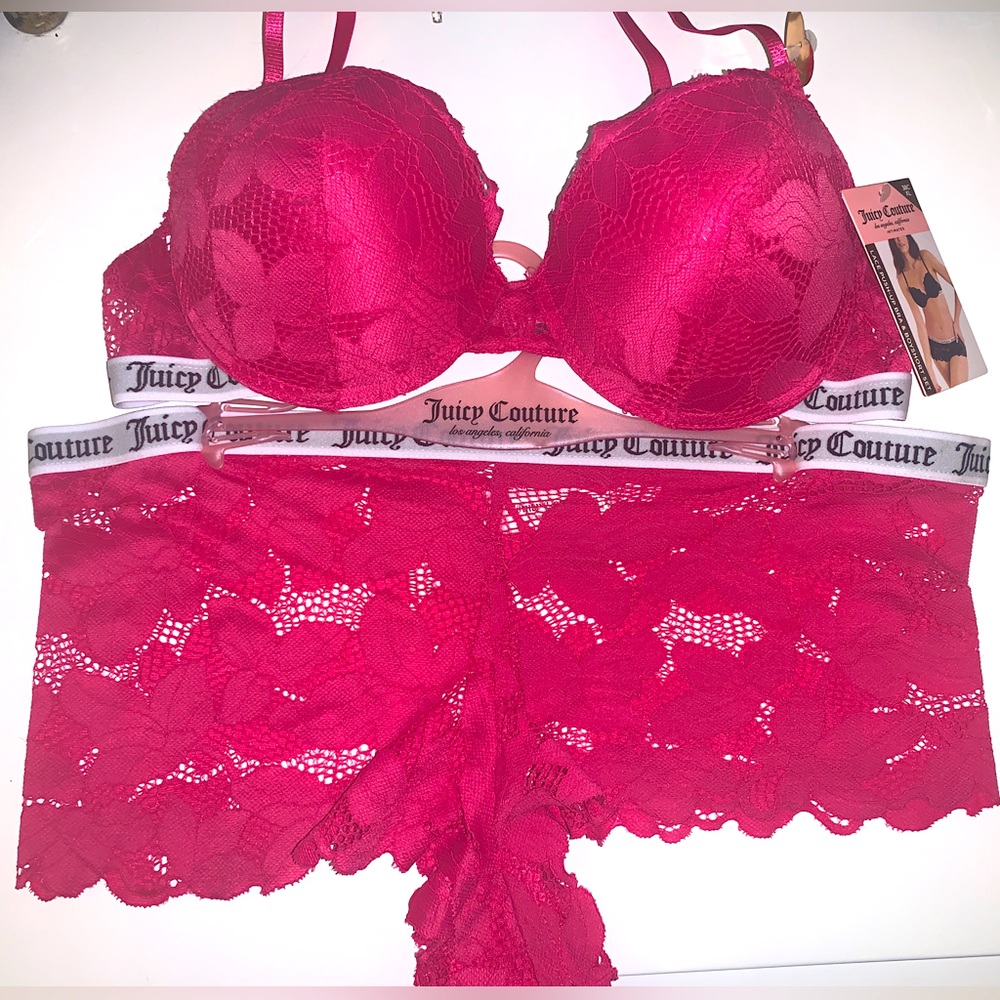 Juicy Couture Lingerie Set 38C XL NWT Pink Lace Push-up Bra Boyshort